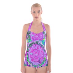 Groovy Pink, Blue And Green Abstract Liquid Art Boyleg Halter Swimsuit  by myrubiogarden