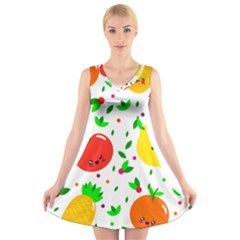 Pattern Fruit Fruits Orange Green V-neck Sleeveless Dress by Wegoenart