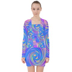 Cool Abstract Pink Blue And Yellow Twirl Liquid Art V-neck Bodycon Long Sleeve Dress by myrubiogarden