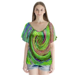 Groovy Abstract Green And Crimson Liquid Swirl V-neck Flutter Sleeve Top by myrubiogarden
