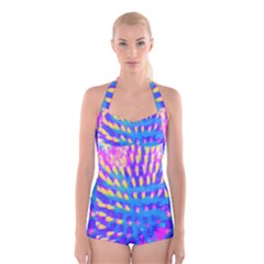 Pink, Blue And Yellow Abstract Coneflower Boyleg Halter Swimsuit  by myrubiogarden