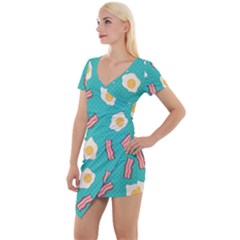 Bacon And Egg Pop Art Pattern Short Sleeve Asymmetric Mini Dress by Valentinaart
