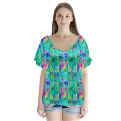 Garden Quilt Painting With Hydrangea And Blues V-neck Flutter Sleeve Top by myrubiogarden