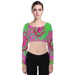 Groovy Abstract Green And Red Lava Liquid Swirl Velvet Long Sleeve Crop Top by myrubiogarden