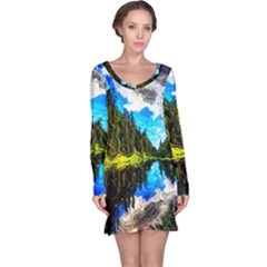 Color Lake Mountain Painting Long Sleeve Nightdress by Pakrebo