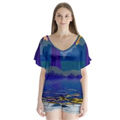 Illustration Vector Forest Nature V-neck Flutter Sleeve Top by Pakrebo