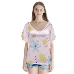 Floral Background Bird Drawing V-neck Flutter Sleeve Top by Pakrebo
