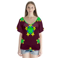 Pattern Star Vector Multi Color V-neck Flutter Sleeve Top by Pakrebo