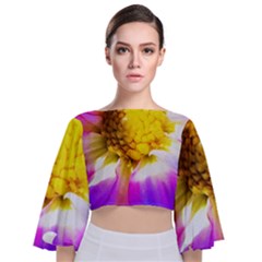 Purple, Pink And White Dahlia With A Bright Yellow Center Tie Back Butterfly Sleeve Chiffon Top by myrubiogarden