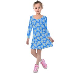 Hydrangea Blue Glitter Round Kids  Long Sleeve Velvet Dress by Pakrebo