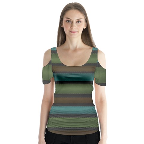 Stripes Teal Yellow Brown Grey Butterfly Sleeve Cutout Tee  by BrightVibesDesign