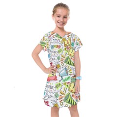 Doodle New Year Party Celebration Kids  Drop Waist Dress by Pakrebo