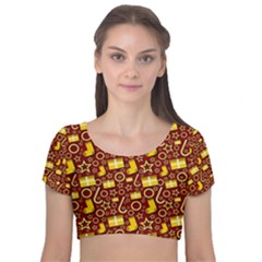 Paper Tissue Wrapping Velvet Short Sleeve Crop Top  by Pakrebo