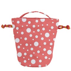 Polka Dot On Living Coral Drawstring Bucket Bag by LoolyElzayat