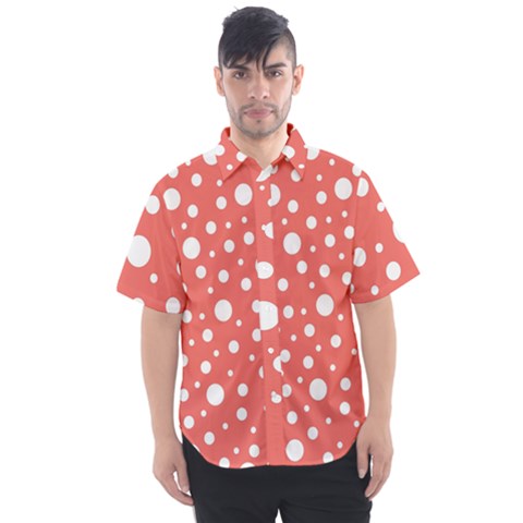 Polka Dot On Living Coral Men s Short Sleeve Shirt by LoolyElzayat