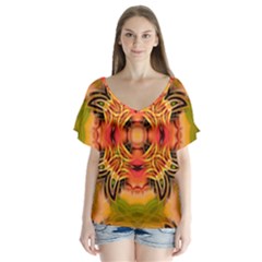 Fractals Graphic Fantasy Colorful V-neck Flutter Sleeve Top by Pakrebo