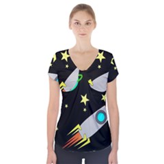 Planet Rocket Space Stars Short Sleeve Front Detail Top by Wegoenart