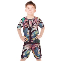 Tree Moon Night Sky Landscape Kids  Tee And Shorts Set by Pakrebo