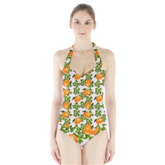 Citrus Tropical Orange Pink Halter Swimsuit by snowwhitegirl