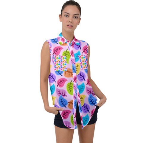 Colorful Leaves Sleeveless Chiffon Button Shirt by snowwhitegirl