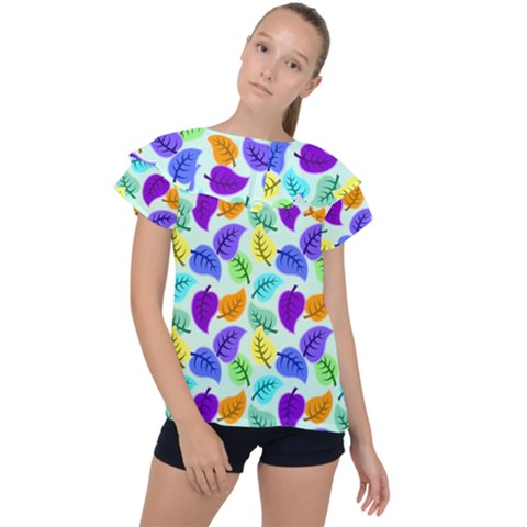 Colorful Leaves Blue Ruffle Collar Chiffon Blouse by snowwhitegirl