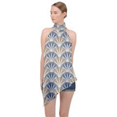 Vintage Scallop Beige Blue Pattern Halter Asymmetric Satin Top by snowwhitegirl