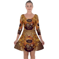Awesome Steampunk Easter Egg With Flowers, Clocks And Gears Quarter Sleeve Skater Dress by FantasyWorld7