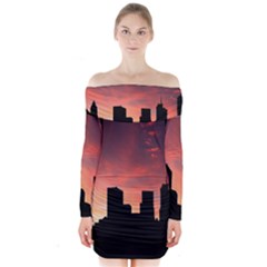 Skyline Panoramic City Architecture Long Sleeve Off Shoulder Dress by Sudhe