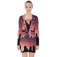 Skyline Panoramic City Architecture V-neck Bodycon Long Sleeve Dress by Sudhe