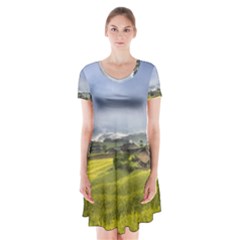 Vietnam Terraces Rice Silk Short Sleeve V-neck Flare Dress by Sudhe
