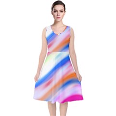 Vivid Colorful Wavy Abstract Print V-neck Midi Sleeveless Dress  by dflcprintsclothing