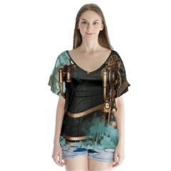 Spirit Of Steampunk, Awesome Train In The Sky V-neck Flutter Sleeve Top by FantasyWorld7