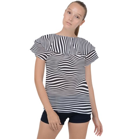 Retro Psychedelic Waves Pattern 80s Black And White Ruffle Collar Chiffon Blouse by genx