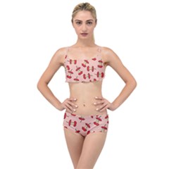 Red Apple Core Funny Retro Pattern Half Eaten On Pastel Orange Background Layered Top Bikini Set by genx
