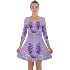 Happy Easter, Easter Egg With Flowers In Soft Violet Colors Quarter Sleeve Skater Dress by FantasyWorld7