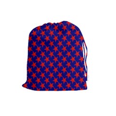 Red Stars Pattern On Blue Drawstring Pouch (large) by BrightVibesDesign