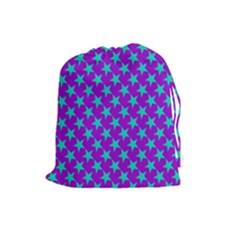 Turquoise Stars Pattern On Purple Drawstring Pouch (large) by BrightVibesDesign
