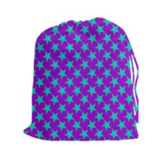 Turquoise Stars Pattern On Purple Drawstring Pouch (xxl) by BrightVibesDesign