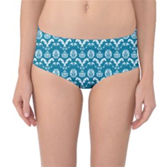 Easter Damask Pattern Deep Teal Blue And White Mid-waist Bikini Bottoms by emilyzragz