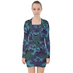 Camouflage Blue V-neck Bodycon Long Sleeve Dress by snowwhitegirl