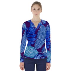 Tropical Blue Leaves V-neck Long Sleeve Top by snowwhitegirl