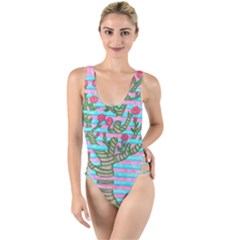 Notebook Flower Tree High Leg Strappy Swimsuit by okhismakingart