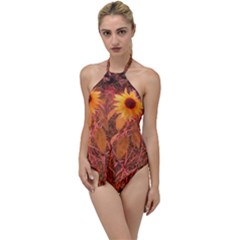 Red Tinted Sunflower Go With The Flow One Piece Swimsuit by okhismakingart