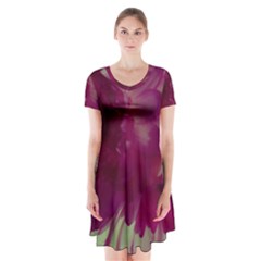 Pink Highlighted Flowers Short Sleeve V-neck Flare Dress by okhismakingart