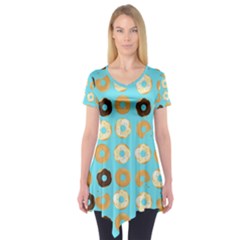 Donuts Pattern With Bites Bright Pastel Blue And Brown Short Sleeve Tunic  by genx