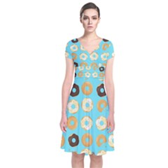 Donuts Pattern With Bites Bright Pastel Blue And Brown Short Sleeve Front Wrap Dress by genx