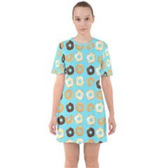 Donuts Pattern With Bites Bright Pastel Blue And Brown Sixties Short Sleeve Mini Dress by genx