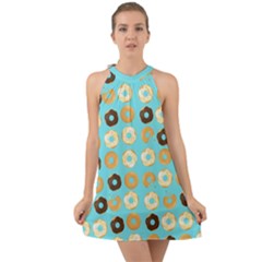 Donuts Pattern With Bites Bright Pastel Blue And Brown Halter Tie Back Chiffon Dress by genx