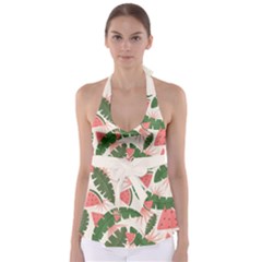 Tropical Watermelon Leaves Pink And Green Jungle Leaves Retro Hawaiian Style Babydoll Tankini Top by genx