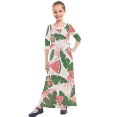 Tropical Watermelon Leaves Pink And Green Jungle Leaves Retro Hawaiian Style Kids  Quarter Sleeve Maxi Dress by genx